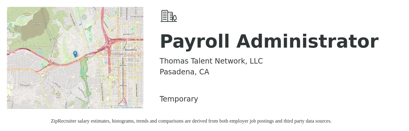 Thomas Talent Network, LLC job posting for a Payroll Administrator in Pasadena, CA with a salary of $27 to $36 Hourly with a map of Pasadena location.