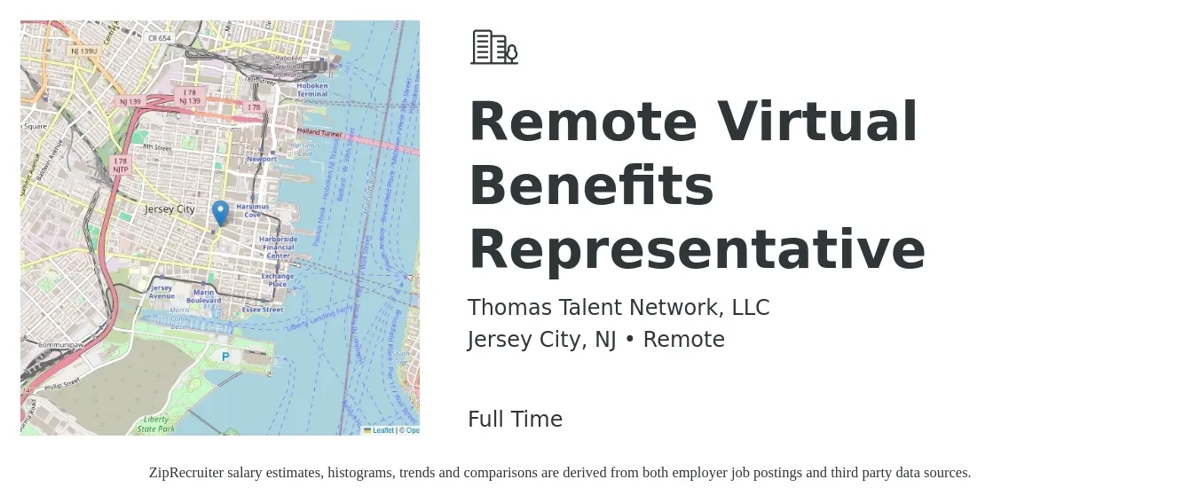 Thomas Talent Network, LLC job posting for a Remote Virtual Benefits Representative in Jersey City, NJ with a salary of $65,000 Yearly with a map of Jersey City location.