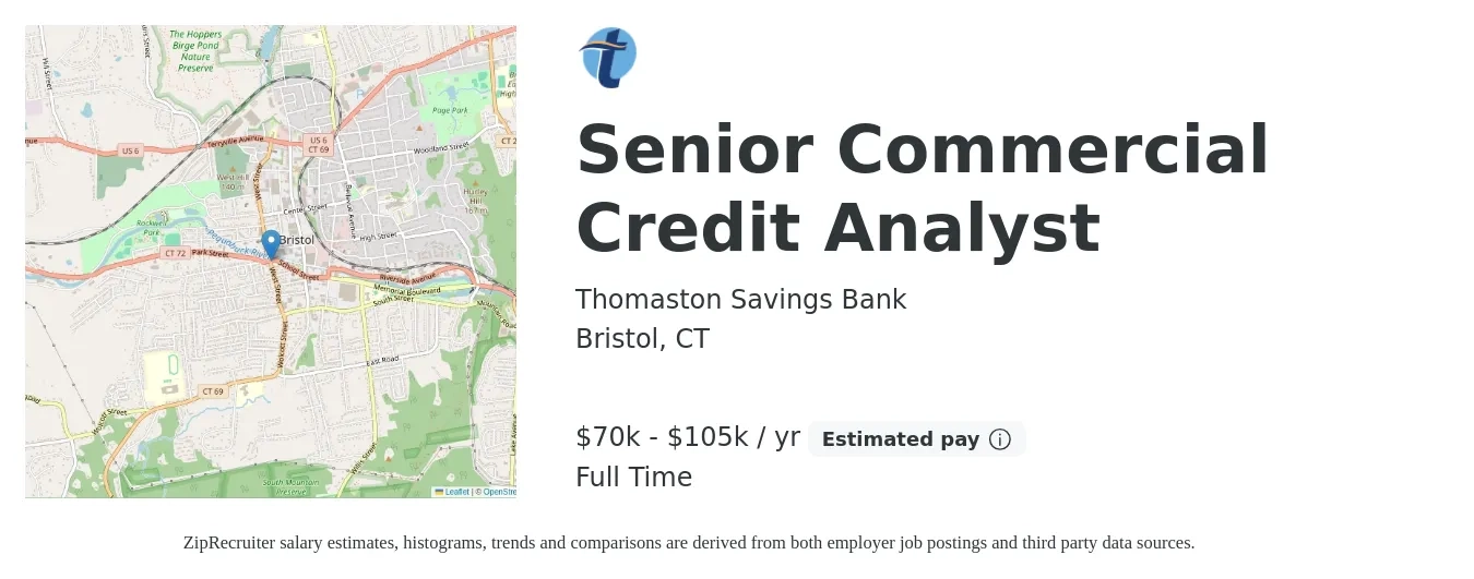 Thomaston Savings Bank job posting for a Senior Commercial Credit Analyst in Bristol, CT with a salary of $70,000 to $105,000 Yearly with a map of Bristol location.