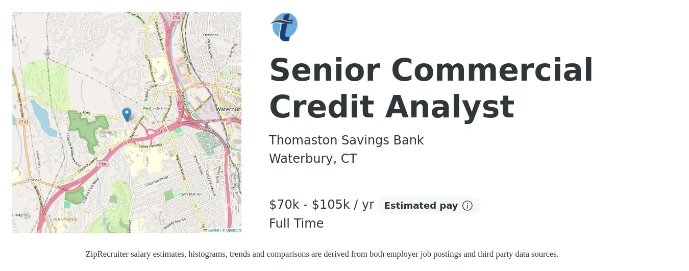 Thomaston Savings Bank job posting for a Senior Commercial Credit Analyst in Waterbury, CT with a salary of $70,000 to $105,000 Yearly with a map of Waterbury location.