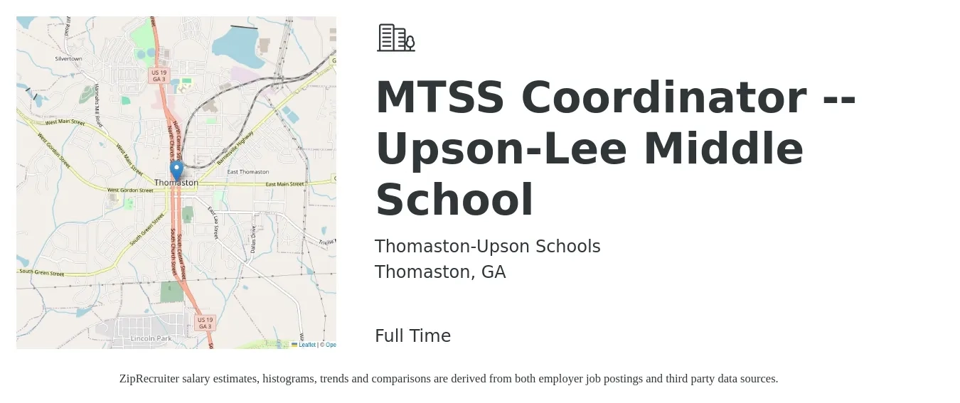 Thomaston-Upson Schools job posting for a MTSS Coordinator -- Upson-Lee Middle School in Thomaston, GA with a salary of $34,300 to $53,800 Yearly with a map of Thomaston location.