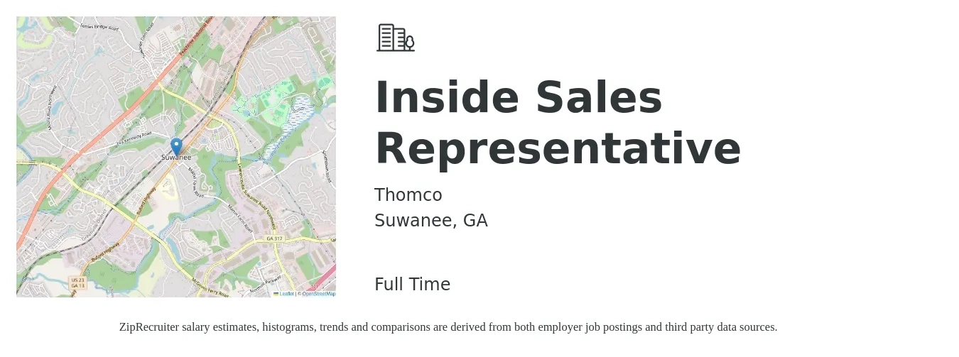 Thomco job posting for a Inside Sales Representative in Suwanee, GA with a salary of $36,800 to $54,900 Yearly with a map of Suwanee location.