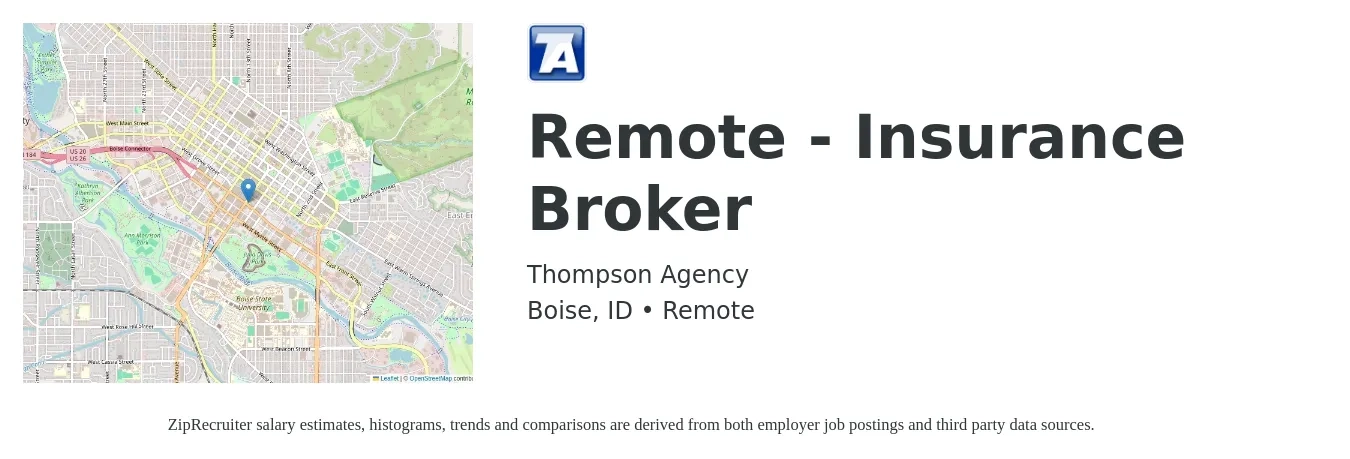 Thompson Agency job posting for a Remote - Insurance Broker in Boise, ID with a salary of $500,000 Yearly with a map of Boise location.