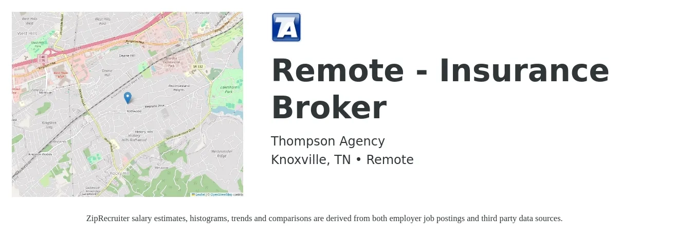 Thompson Agency job posting for a Remote - Insurance Broker in Knoxville, TN with a salary of $500,000 Yearly with a map of Knoxville location.