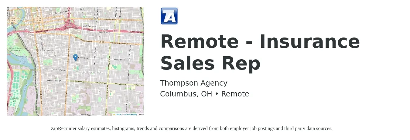 Thompson Agency job posting for a Remote - Insurance Sales Rep in Columbus, OH with a salary of $500,000 Yearly with a map of Columbus location.