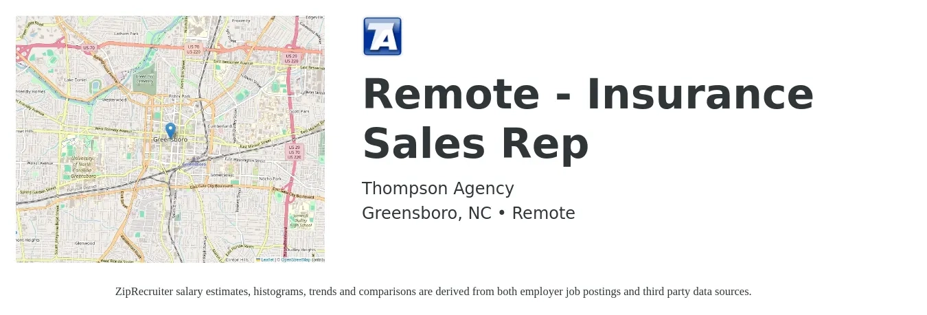 Thompson Agency job posting for a Remote - Insurance Sales Rep in Greensboro, NC with a salary of $500,000 Yearly with a map of Greensboro location.