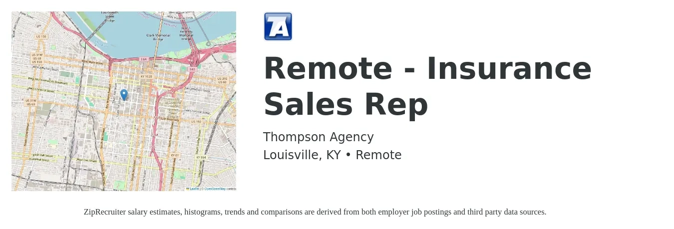 Thompson Agency job posting for a Remote - Insurance Sales Rep in Louisville, KY with a salary of $500,000 Yearly with a map of Louisville location.