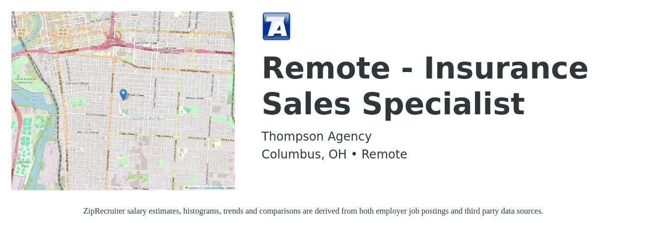 Thompson Agency job posting for a Remote - Insurance Sales Specialist in Columbus, OH with a salary of $150,000 to $200,000 Yearly with a map of Columbus location.
