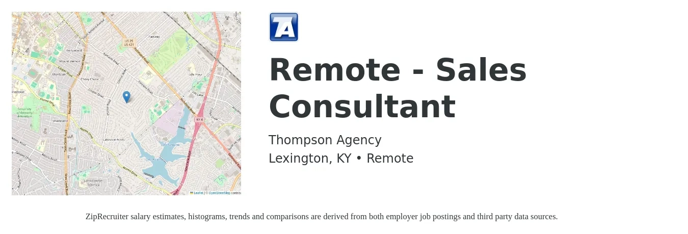 Thompson Agency job posting for a Remote - Sales Consultant in Lexington, KY with a salary of $500,000 Yearly with a map of Lexington location.