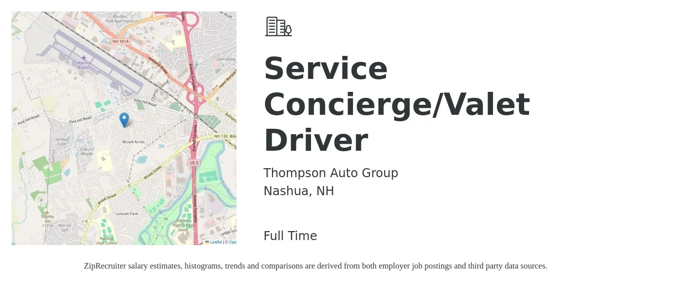 Thompson Auto Group job posting for a Service Concierge/Valet Driver in Nashua, NH with a salary of $16 to $20 Hourly with a map of Nashua location.