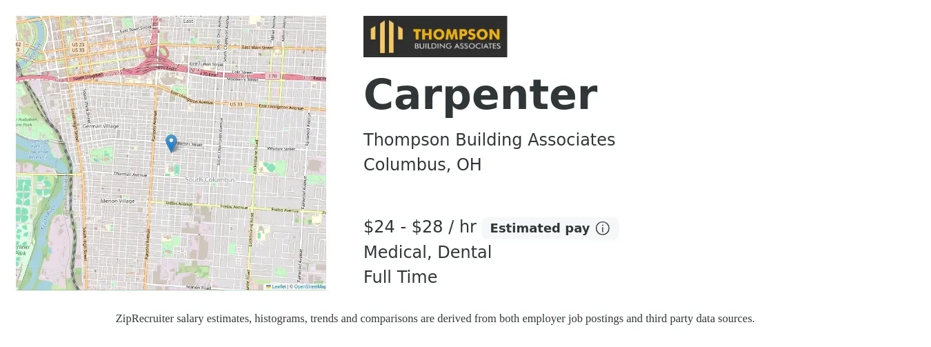 Thompson Building Associates job posting for a Carpenter in Columbus, OH with a salary of $25 to $30 Hourly and benefits including retirement, dental, life_insurance, and medical with a map of Columbus location.