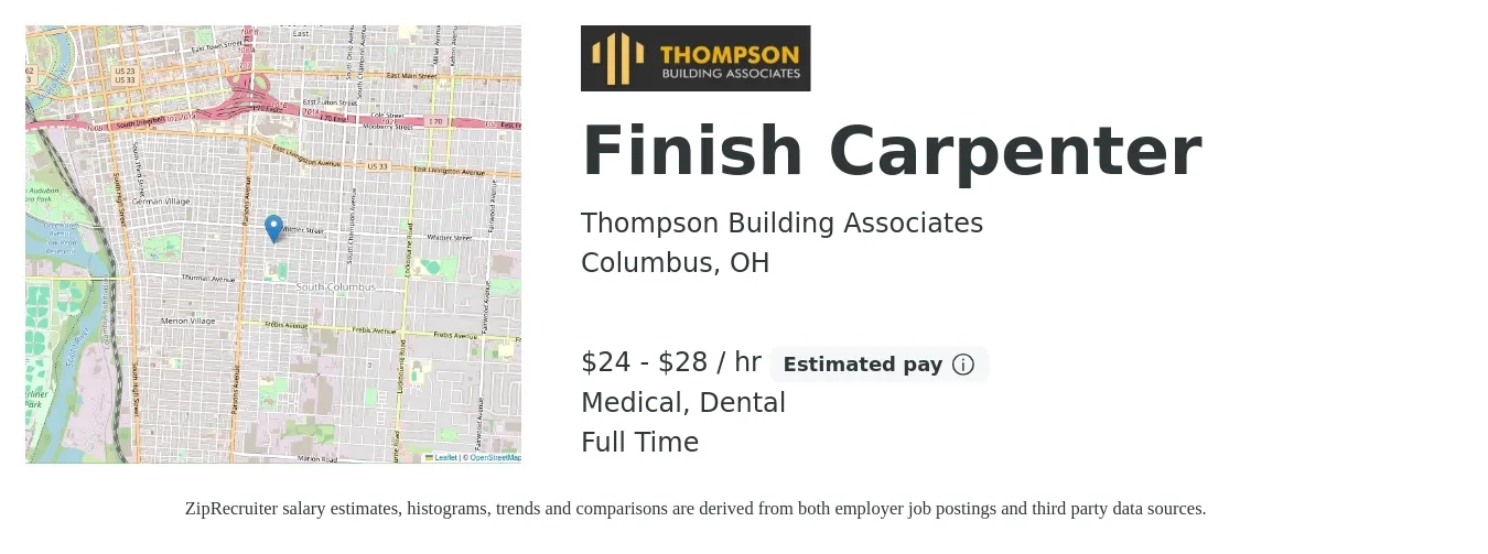Thompson Building Associates job posting for a Finish Carpenter in Columbus, OH with a salary of $25 to $30 Hourly and benefits including dental, life_insurance, medical, and retirement with a map of Columbus location.