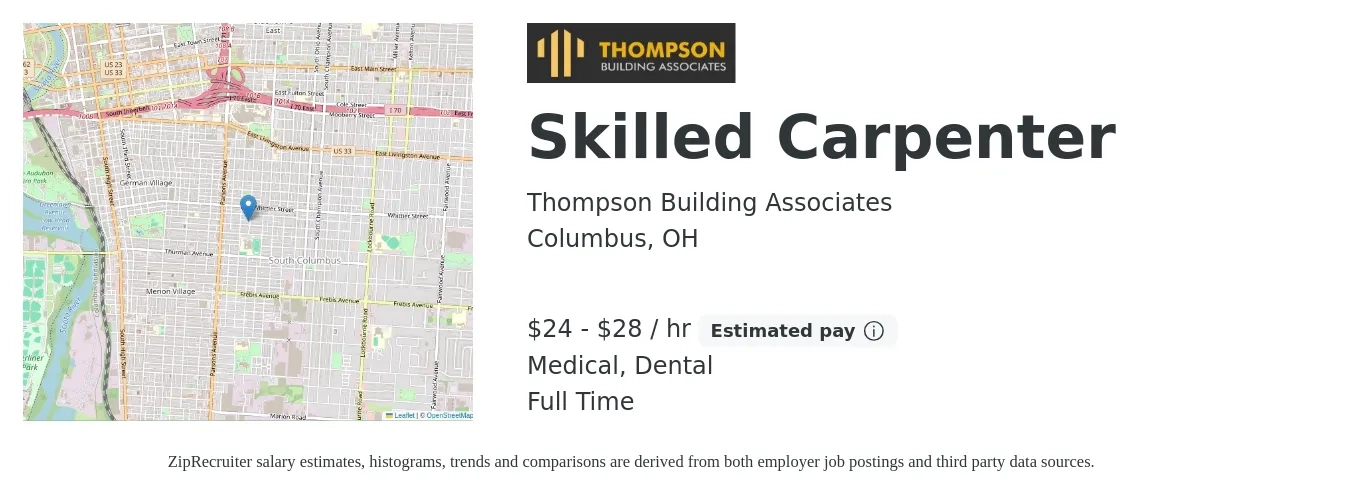 Thompson Building Associates job posting for a Skilled Carpenter in Columbus, OH with a salary of $25 to $30 Hourly and benefits including dental, life_insurance, medical, and retirement with a map of Columbus location.