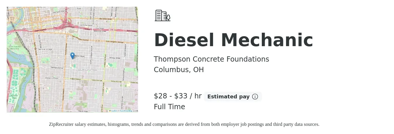 Thompson Concrete Foundations job posting for a Diesel Mechanic in Columbus, OH with a salary of $30 to $35 Hourly with a map of Columbus location.