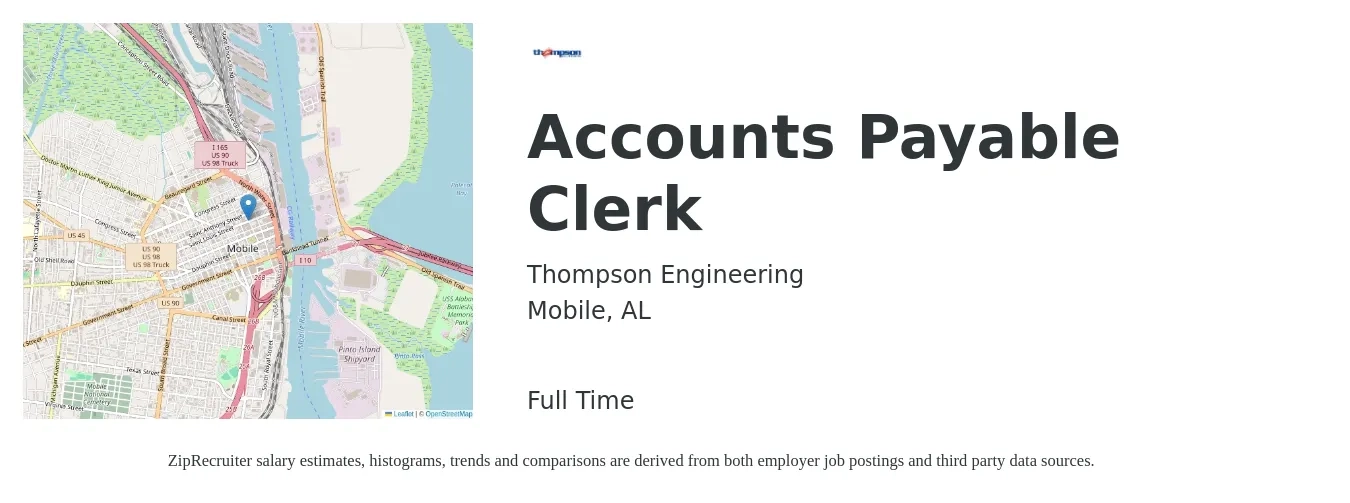 Thompson Engineering job posting for a Accounts Payable Clerk in Mobile, AL with a salary of $16 to $20 Hourly with a map of Mobile location.