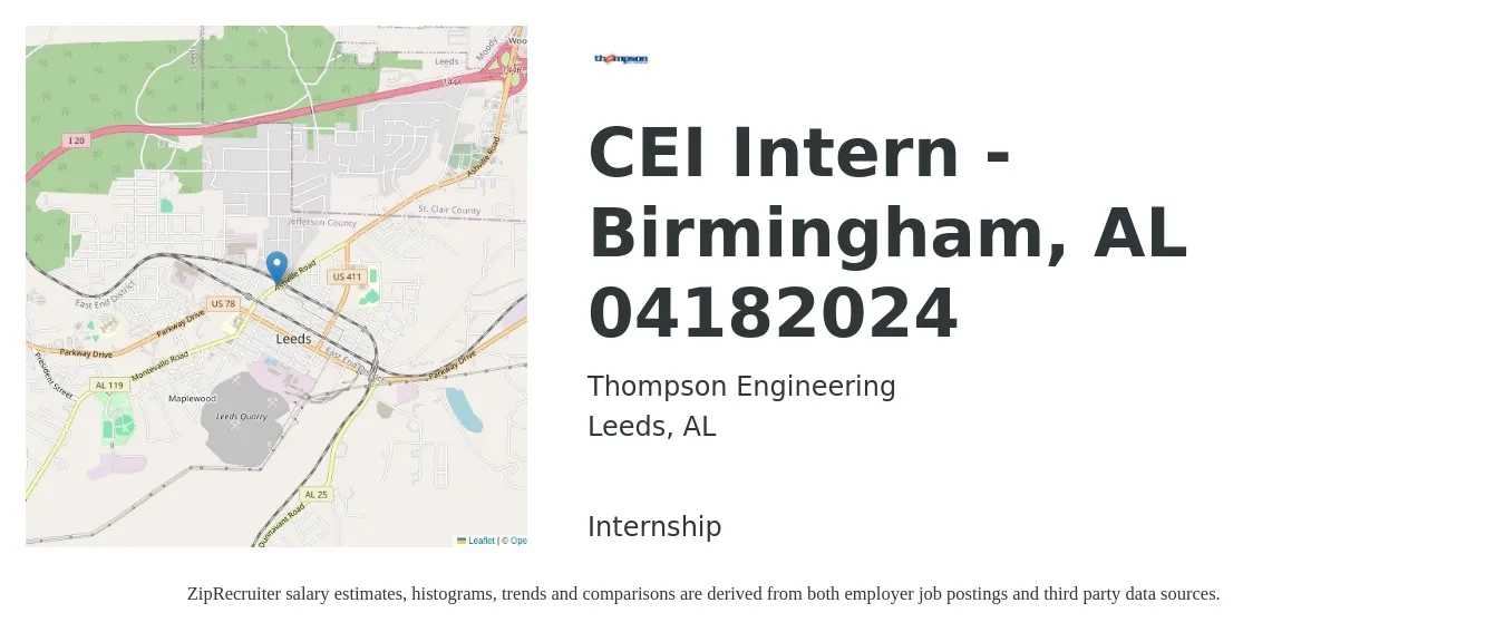 Thompson Engineering job posting for a CEI Intern - Birmingham, AL 04182024 in Leeds, AL with a salary of $16 to $21 Hourly with a map of Leeds location.