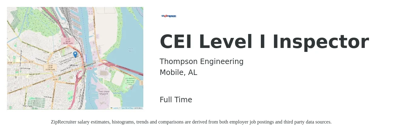 Thompson Engineering job posting for a CEI Level I Inspector in Mobile, AL with a salary of $16 to $27 Hourly with a map of Mobile location.