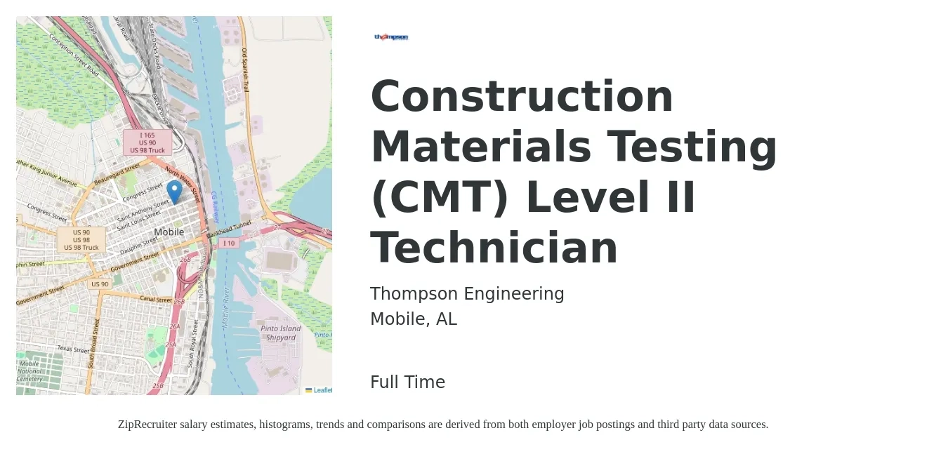 Thompson Engineering job posting for a Construction Materials Testing (CMT) Level II Technician in Mobile, AL with a salary of $15 to $20 Hourly with a map of Mobile location.