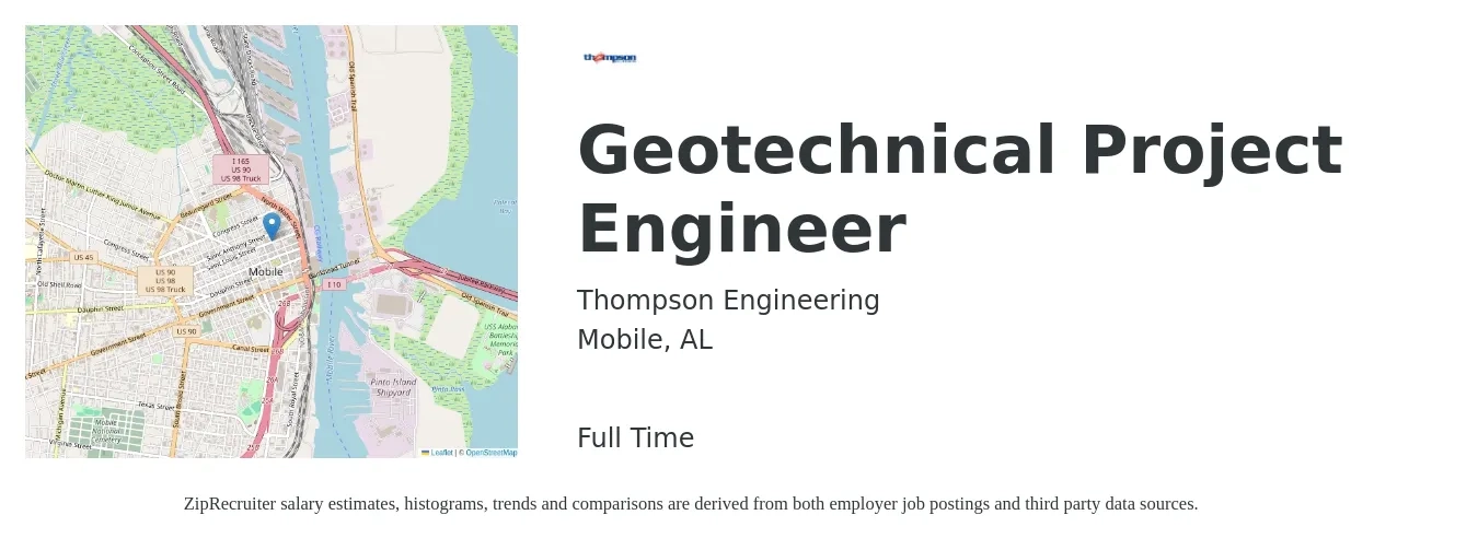 Thompson Engineering job posting for a Geotechnical Project Engineer in Mobile, AL with a salary of $57,900 to $88,800 Yearly with a map of Mobile location.