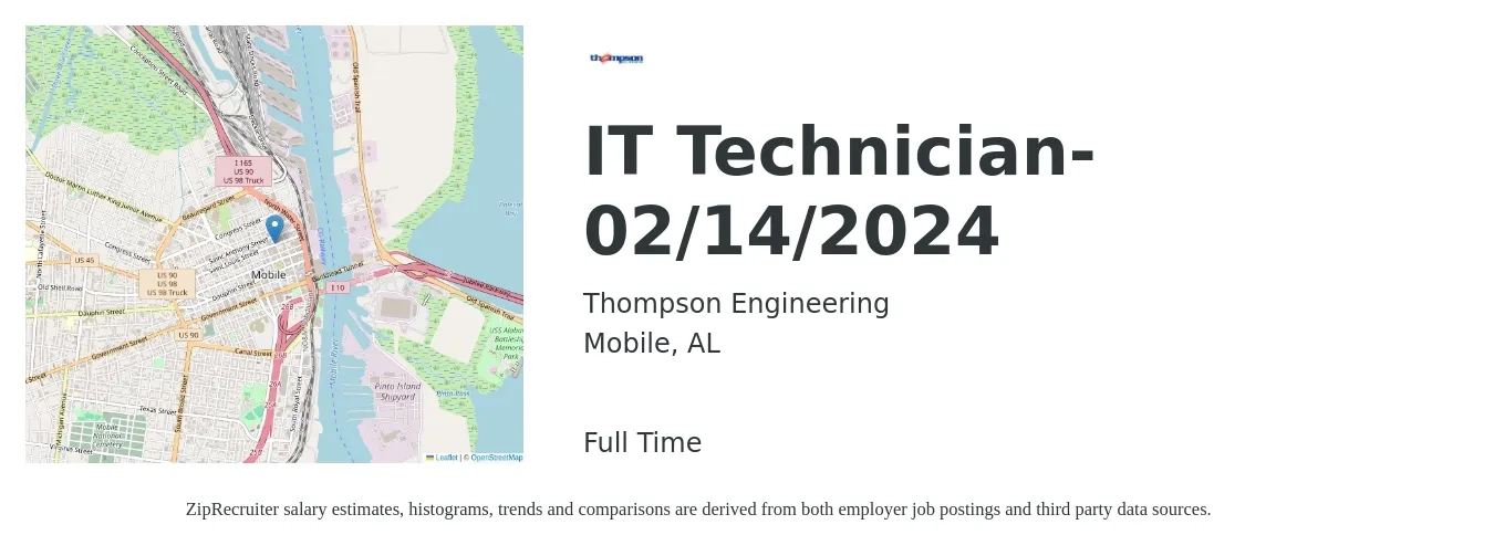 Thompson Engineering job posting for a IT Technician- 02/14/2024 in Mobile, AL with a salary of $30,600 to $44,800 Yearly with a map of Mobile location.