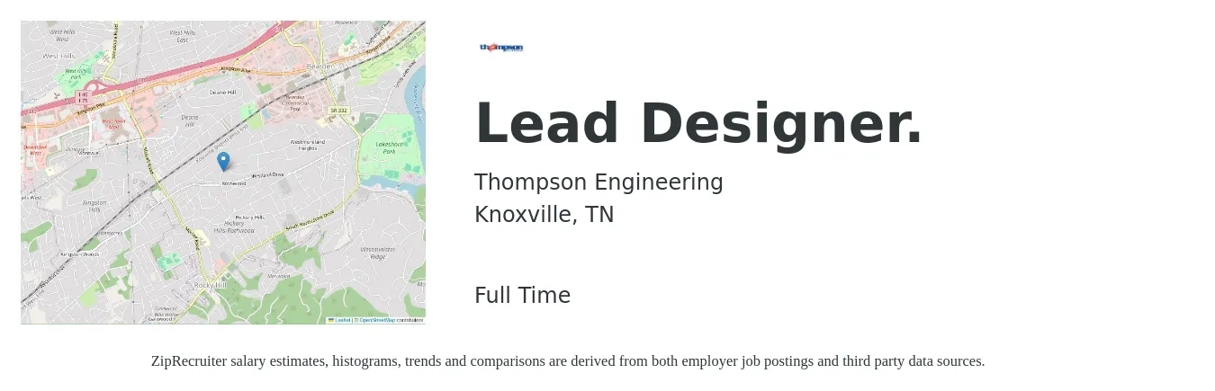 Thompson Engineering job posting for a Lead Designer. in Knoxville, TN with a salary of $57,200 to $94,200 Yearly with a map of Knoxville location.