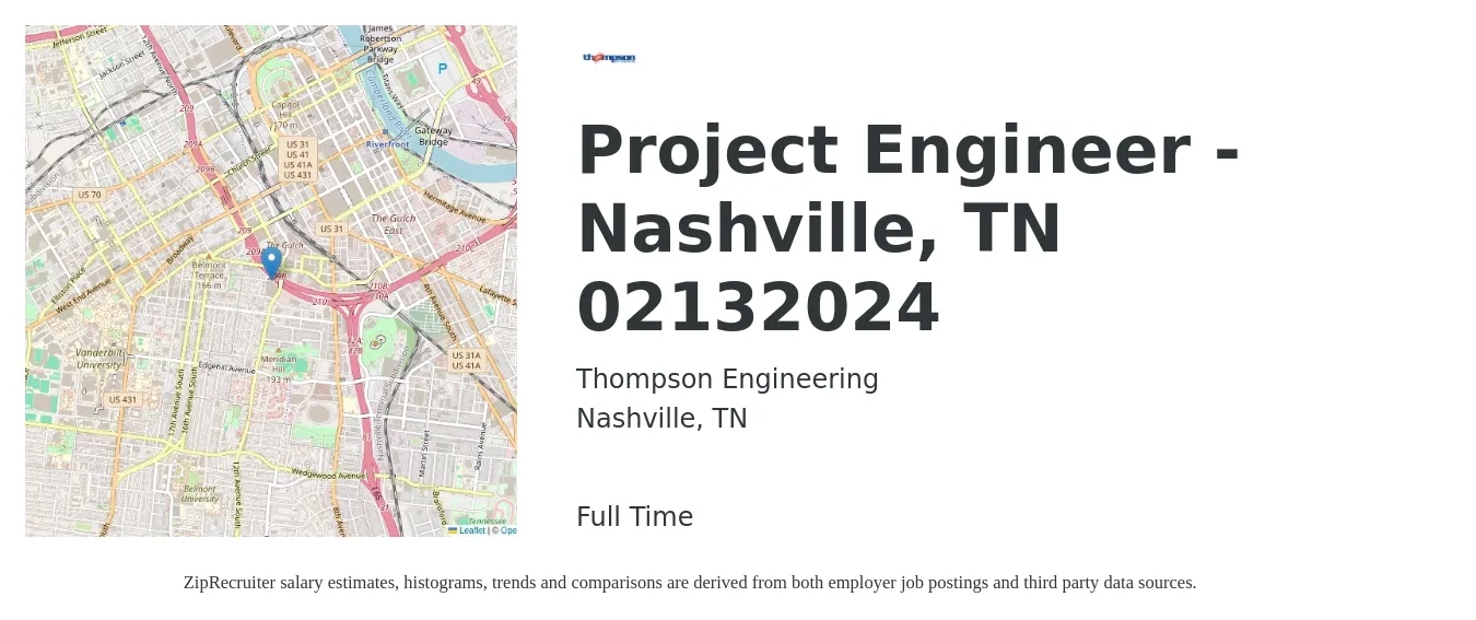 Thompson Engineering job posting for a Project Engineer - Nashville, TN 02132024 in Nashville, TN with a salary of $71,500 to $100,000 Yearly with a map of Nashville location.