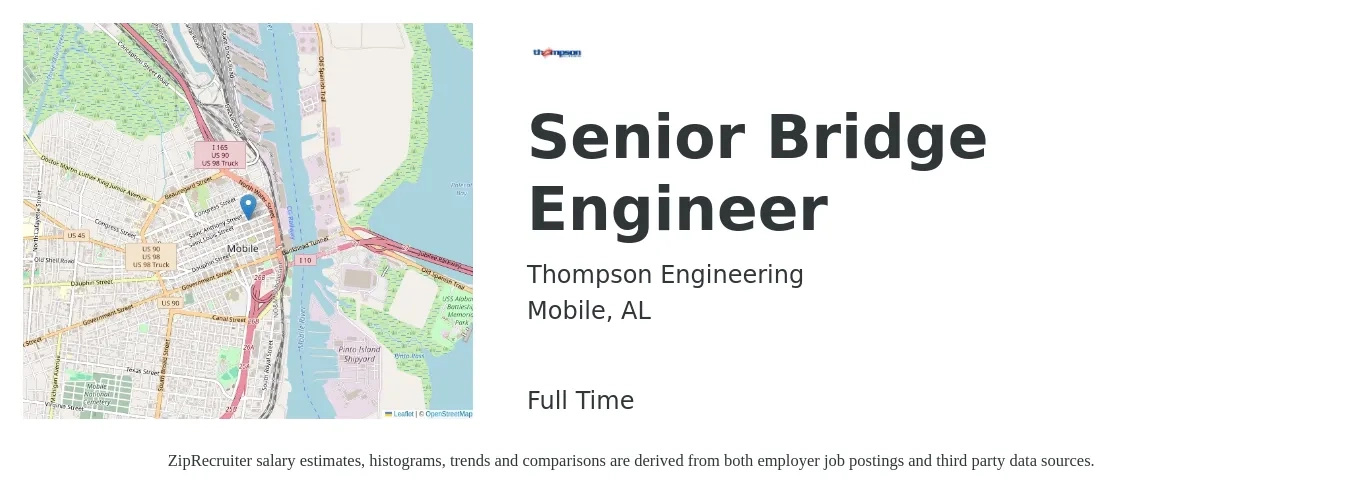 Thompson Engineering job posting for a Senior Bridge Engineer in Mobile, AL with a salary of $85,100 to $116,900 Yearly with a map of Mobile location.