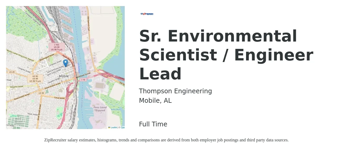 Thompson Engineering job posting for a Sr. Environmental Scientist / Engineer Lead in Mobile, AL with a salary of $68,000 to $91,300 Yearly with a map of Mobile location.