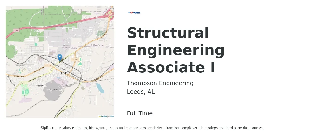 Thompson Engineering job posting for a Structural Engineering Associate I in Leeds, AL with a salary of $68,900 to $108,500 Yearly with a map of Leeds location.