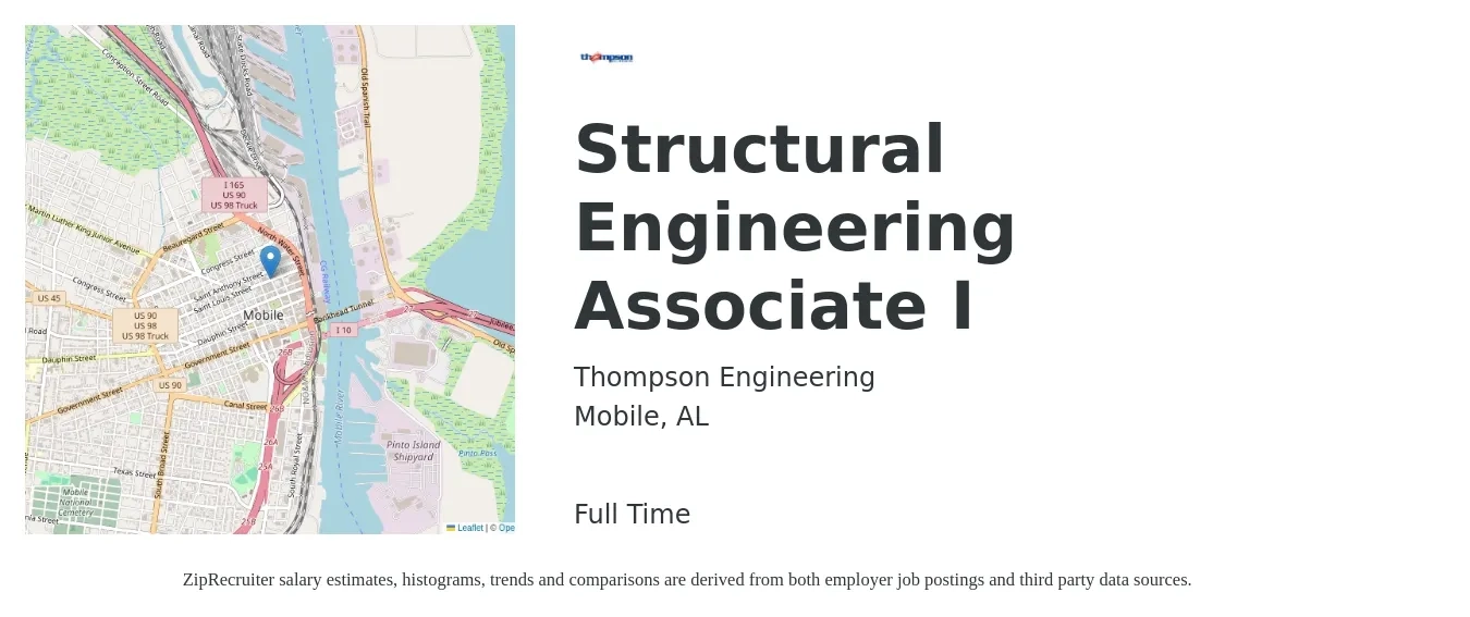 Thompson Engineering job posting for a Structural Engineering Associate I in Mobile, AL with a salary of $61,500 to $97,000 Yearly with a map of Mobile location.