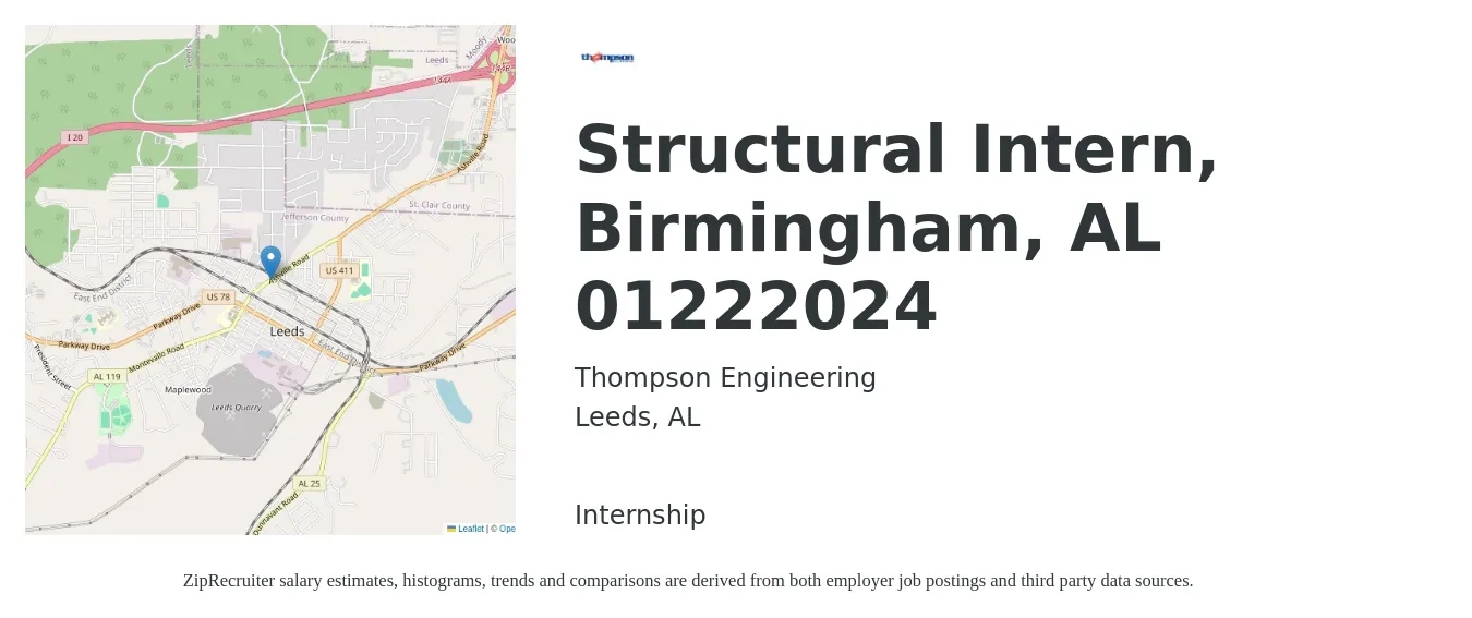 Thompson Engineering job posting for a Structural Intern, Birmingham, AL 01222024 in Leeds, AL with a salary of $15 to $20 Hourly with a map of Leeds location.