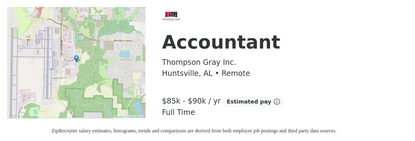 Thompson Gray Inc. job posting for a Accountant in Huntsville, AL with a salary of $85,000 to $90,000 Yearly with a map of Huntsville location.