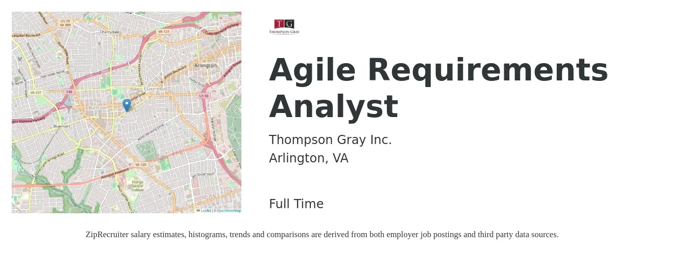 Thompson Gray Inc. job posting for a Agile Requirements Analyst in Arlington, VA with a salary of $42 to $70 Hourly with a map of Arlington location.