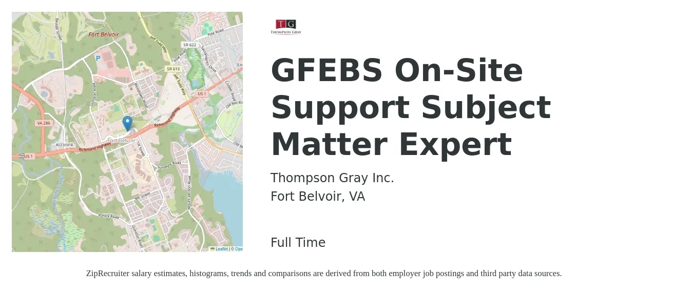 Thompson Gray Inc. job posting for a GFEBS On-Site Support Subject Matter Expert in Fort Belvoir, VA with a salary of $71,800 to $113,600 Yearly with a map of Fort Belvoir location.