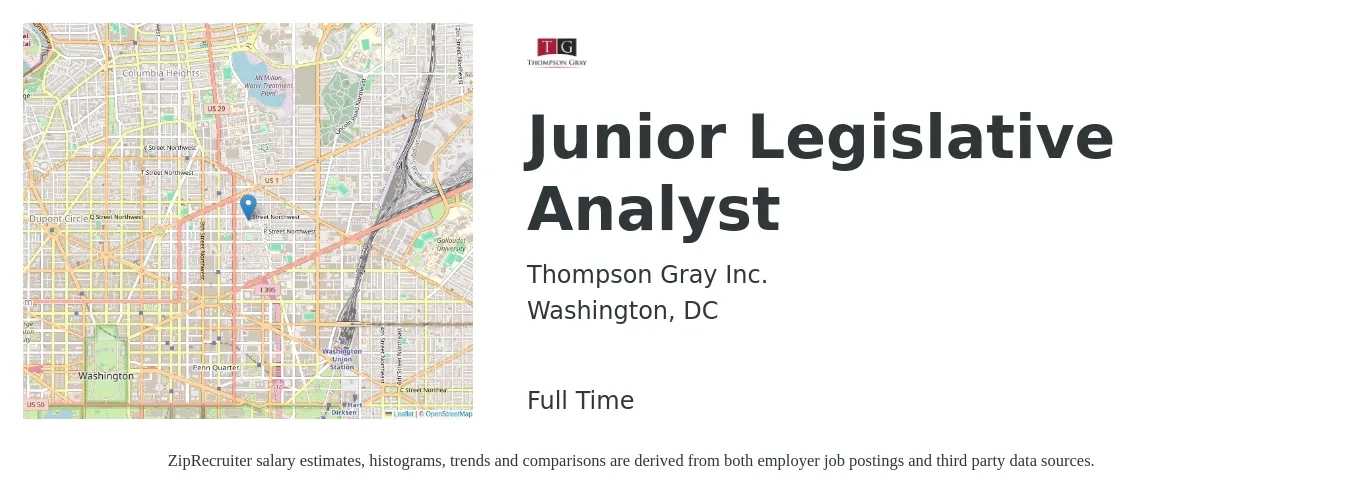 Thompson Gray Inc. job posting for a Junior Legislative Analyst in Washington, DC with a salary of $27 to $42 Hourly with a map of Washington location.