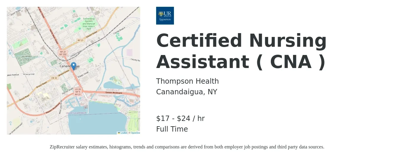 Thompson Health job posting for a Certified Nursing Assistant ( CNA ) in Canandaigua, NY with a salary of $18 to $25 Hourly with a map of Canandaigua location.