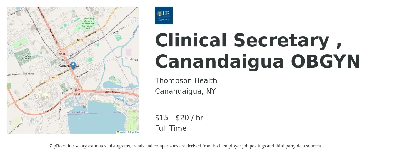 Thompson Health job posting for a Clinical Secretary , Canandaigua OBGYN in Canandaigua, NY with a salary of $16 to $21 Hourly with a map of Canandaigua location.