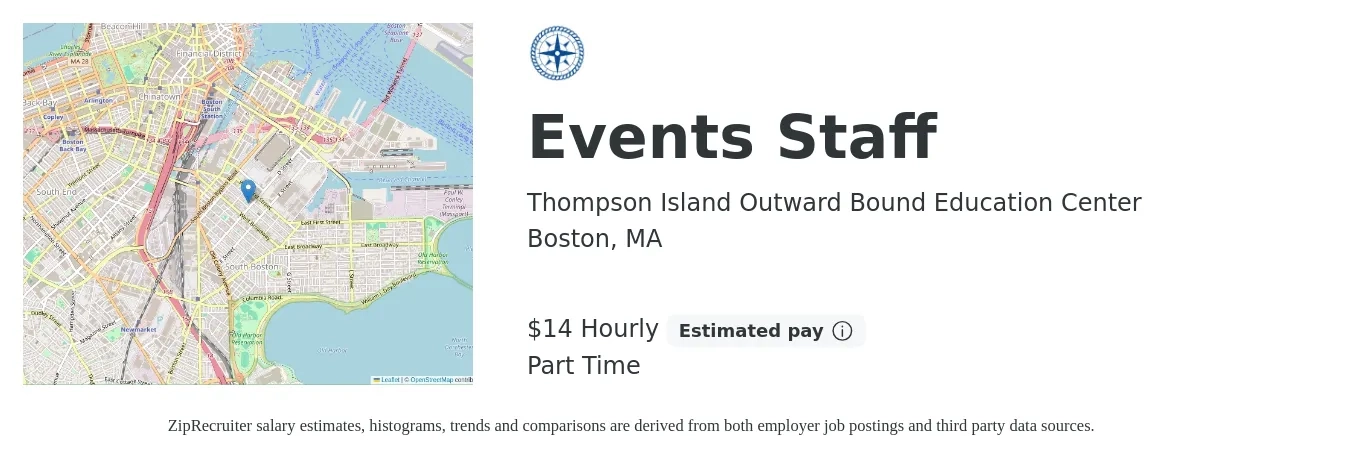 Thompson Island Outward Bound Education Center job posting for a Events Staff in Boston, MA with a salary of $15 Hourly with a map of Boston location.