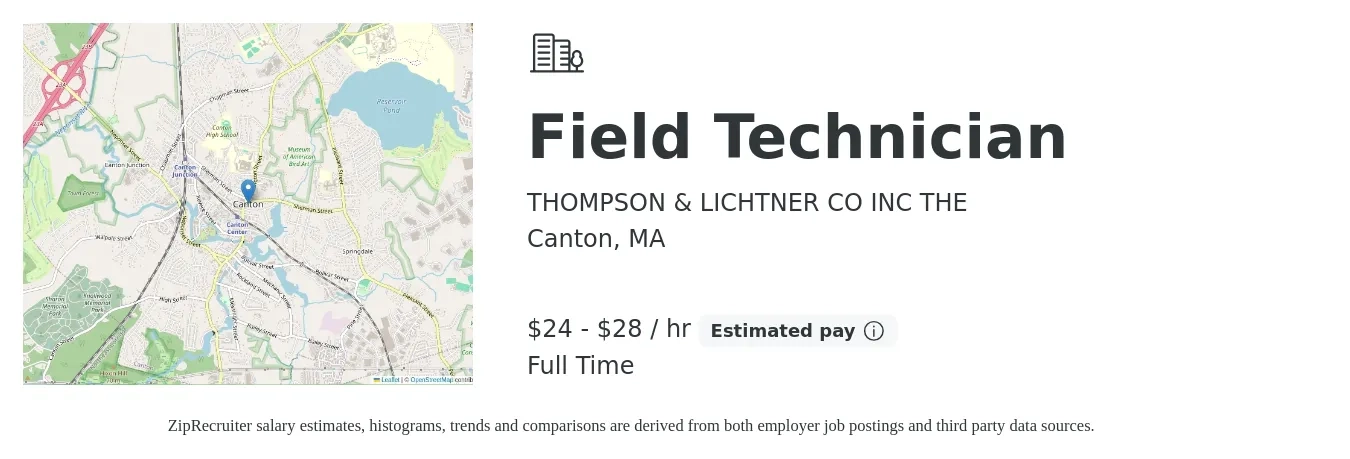 THOMPSON & LICHTNER CO INC THE job posting for a Field Technician in Canton, MA with a salary of $25 to $30 Hourly with a map of Canton location.