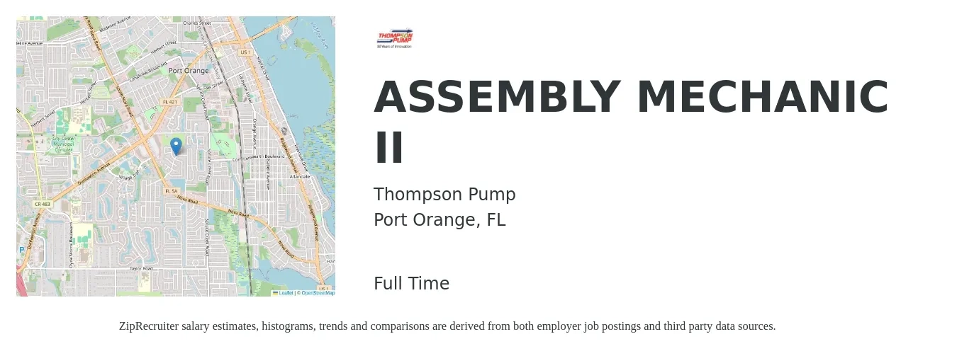 Thompson Pump job posting for a ASSEMBLY MECHANIC II in Port Orange, FL with a salary of $18 to $30 Hourly with a map of Port Orange location.
