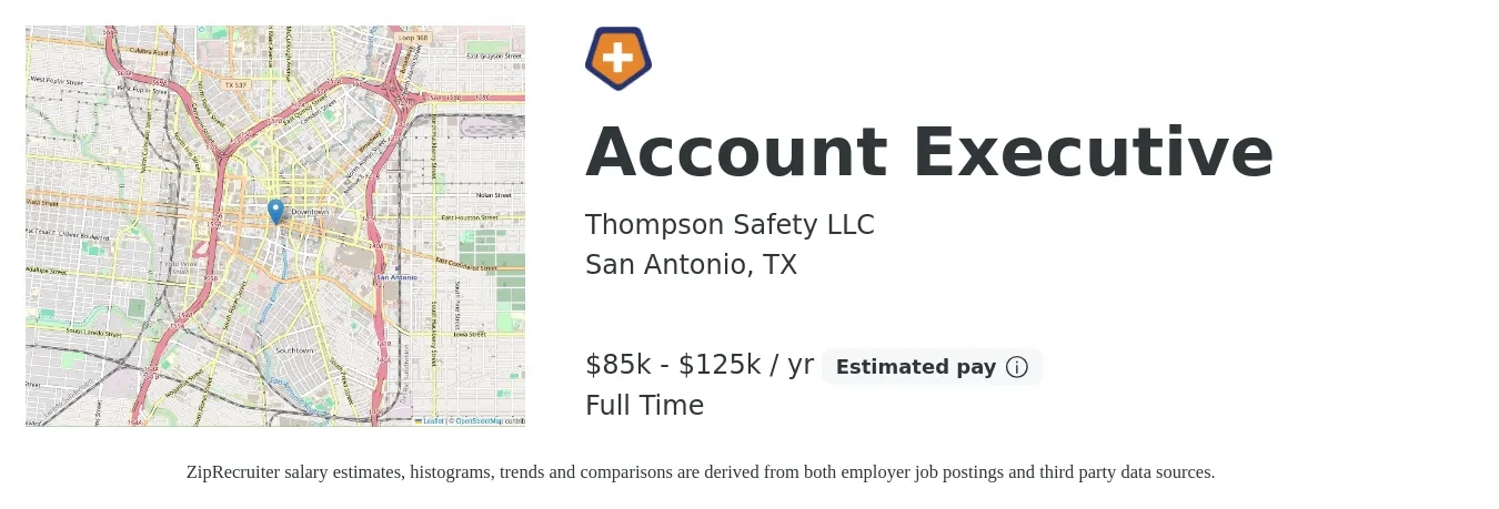 Thompson Safety LLC job posting for a Account Executive in San Antonio, TX with a salary of $46,400 to $81,700 Yearly with a map of San Antonio location.