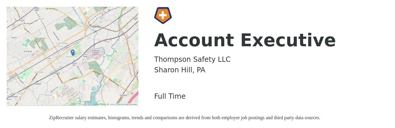 Thompson Safety LLC job posting for a Account Executive in Sharon Hill, PA with a salary of $50,400 to $88,600 Yearly with a map of Sharon Hill location.