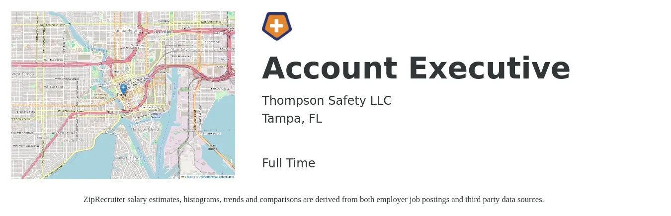 Thompson Safety LLC job posting for a Account Executive in Tampa, FL with a salary of $51,000 to $89,800 Yearly with a map of Tampa location.