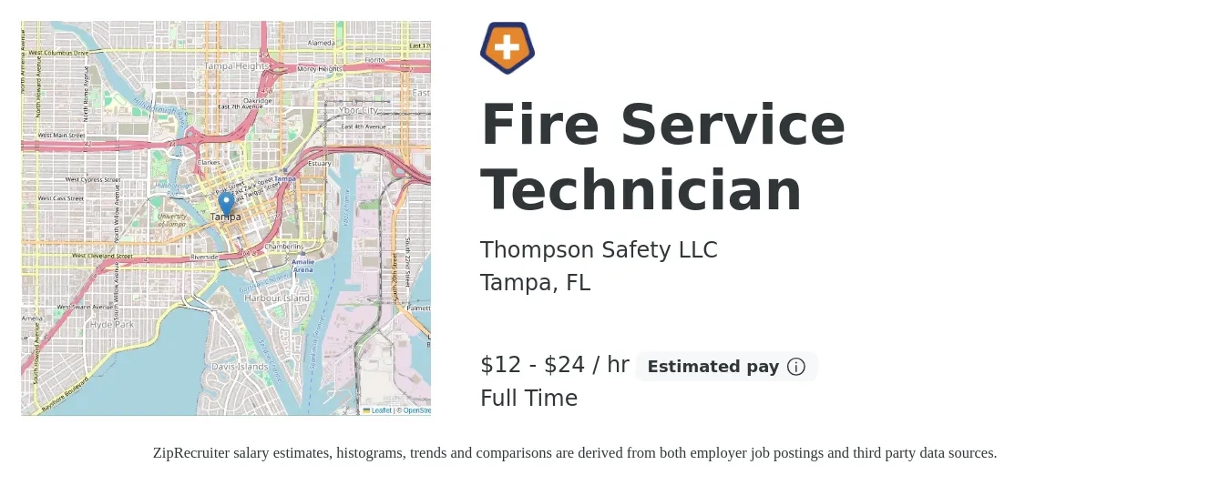 Thompson Safety LLC job posting for a Fire Service Technician in Tampa, FL with a salary of $19 to $26 Hourly with a map of Tampa location.