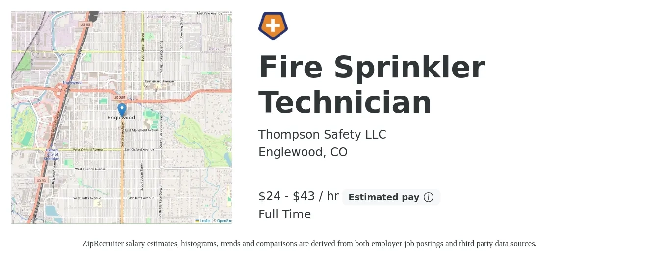 Thompson Safety LLC job posting for a Fire Sprinkler Technician in Englewood, CO with a salary of $20 to $30 Hourly with a map of Englewood location.