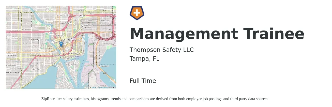 Thompson Safety LLC job posting for a Management Trainee in Tampa, FL with a salary of $15 to $24 Hourly with a map of Tampa location.