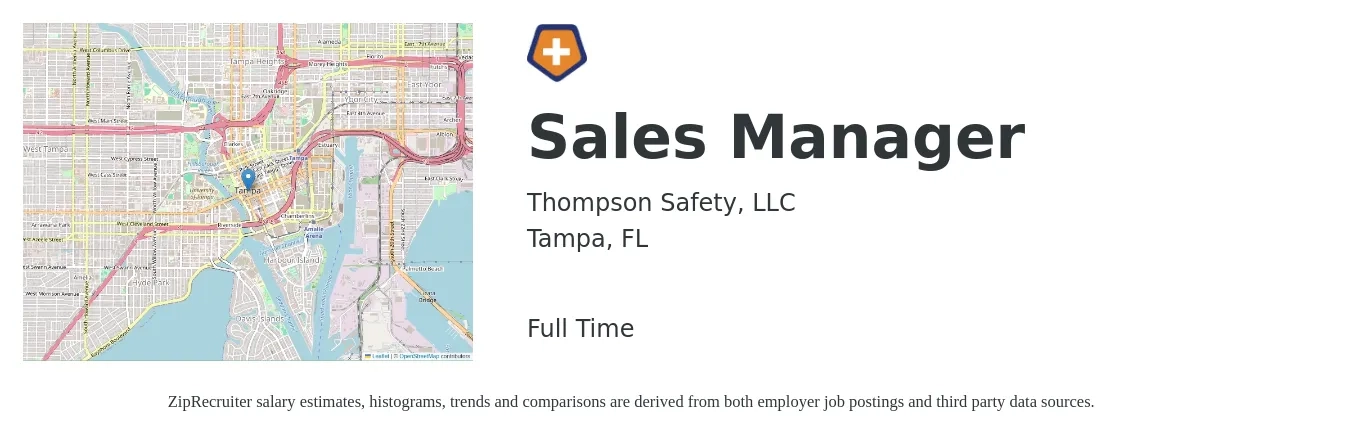 Thompson Safety LLC job posting for a Sales Manager in Tampa, FL with a salary of $42,500 to $91,200 Yearly with a map of Tampa location.