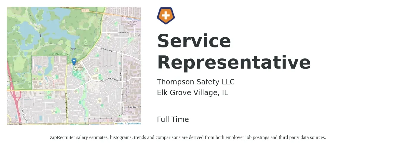 Thompson Safety LLC job posting for a Service Representative in Elk Grove Village, IL with a salary of $18 to $28 Hourly with a map of Elk Grove Village location.