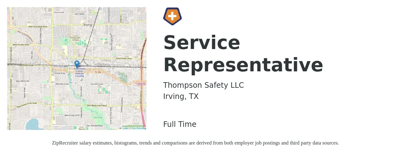 Thompson Safety LLC job posting for a Service Representative in Irving, TX with a salary of $17 to $26 Hourly with a map of Irving location.