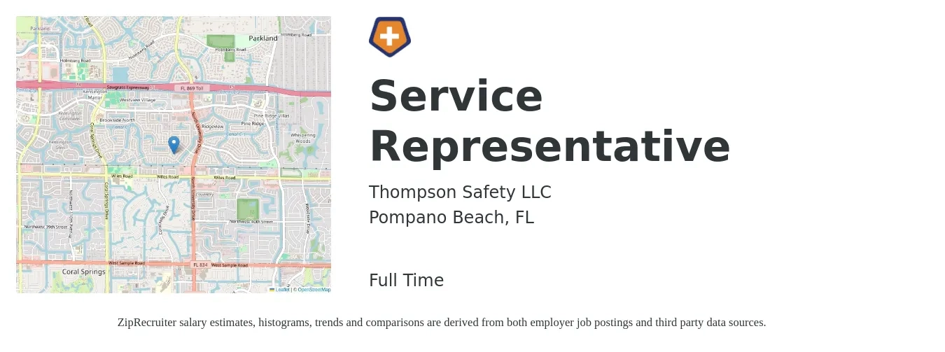 Thompson Safety LLC job posting for a Service Representative in Pompano Beach, FL with a salary of $17 to $27 Hourly with a map of Pompano Beach location.